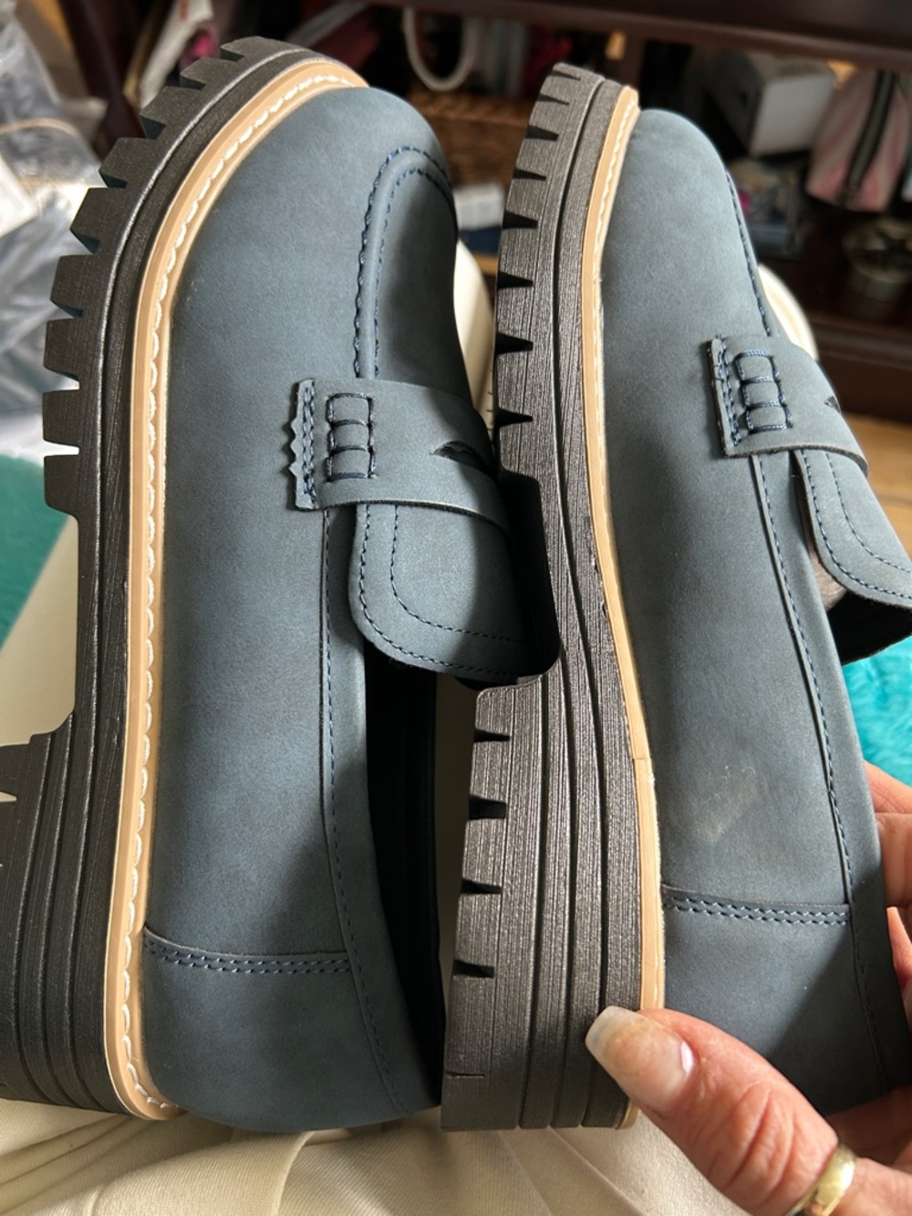 Womens Navy Blue Chunky Lug Sole Loafers